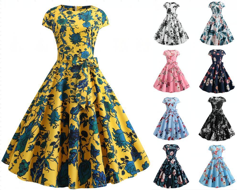 Women's Printed Short-sleeved Lace-up Dress