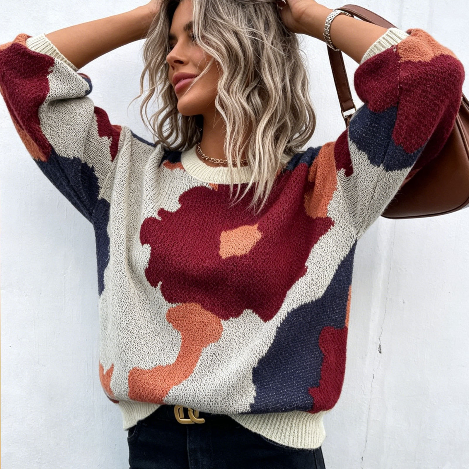 Cross-border European and American Autumn and Winter Round-neck Long-sleeve Knitted Top, Versatile Jacquard Casual Pullover Sweater For Women