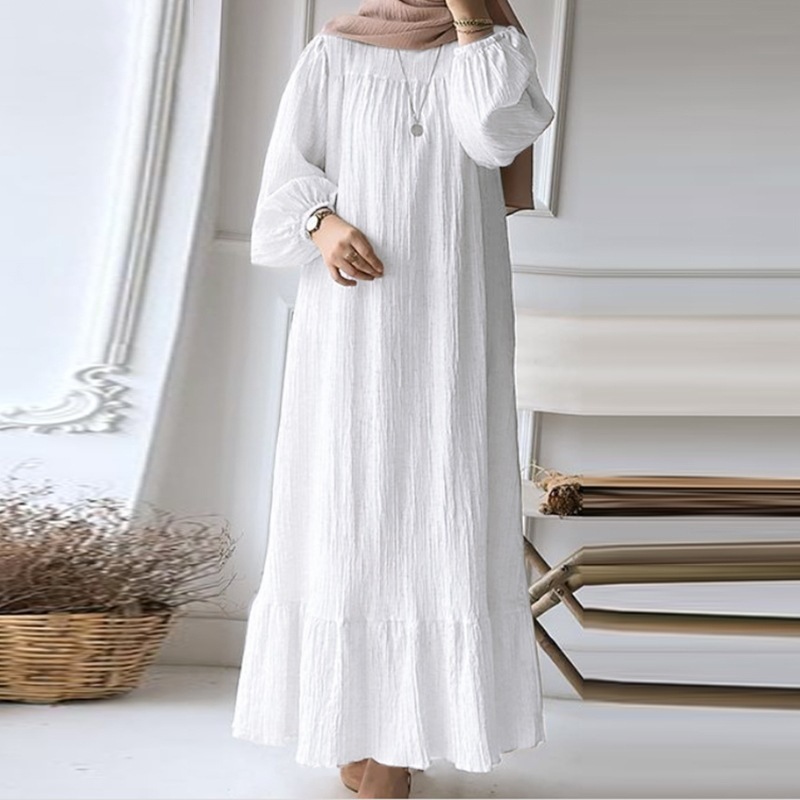 Muslim Women's Wear Robe Vintage Maxi Dress Pure Color Ruffles Dress