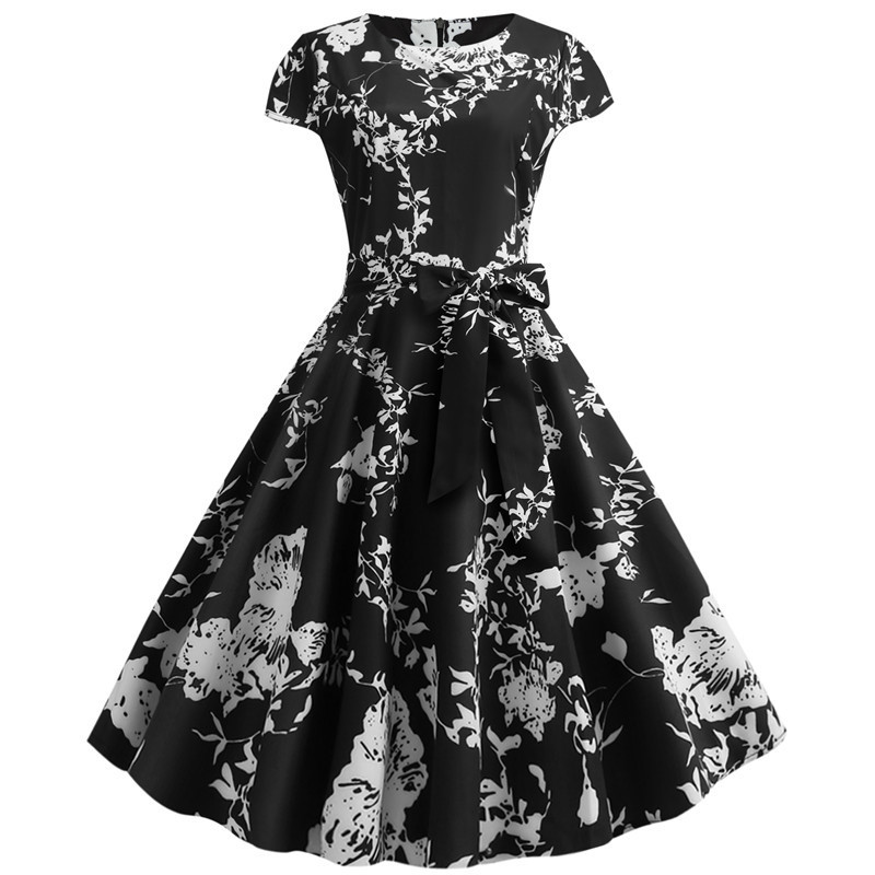 Women's Printed Short-sleeved Lace-up Dress