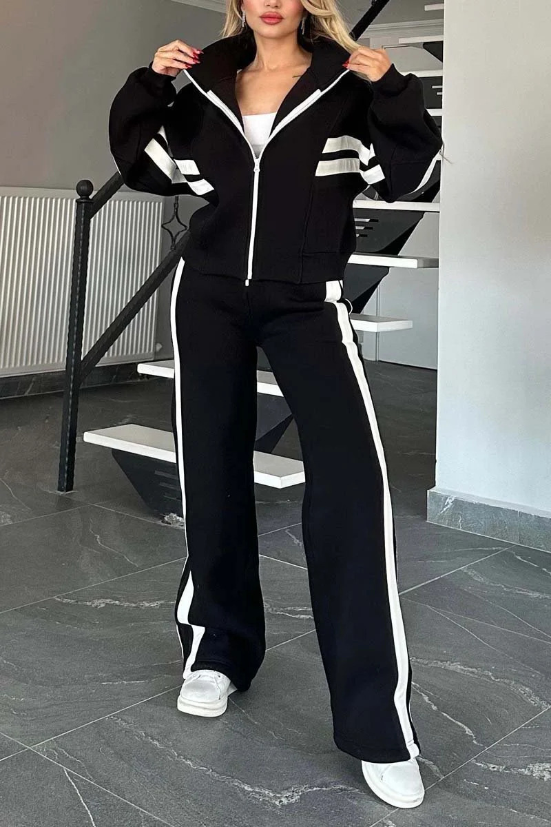 European And American Cross-Border Amazon Autumn Striped Zip-Up Jacket Casual Sports Suit For Women