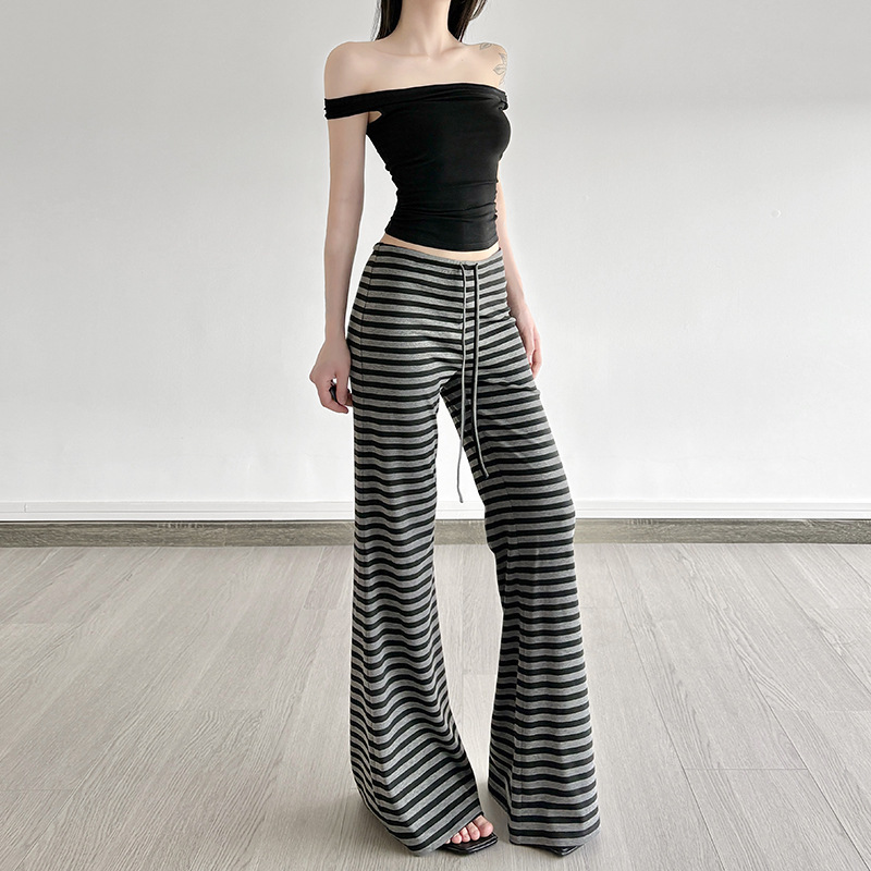 American-style Retro Color-block Striped Tie-detail Boot-cut Lounge Pants