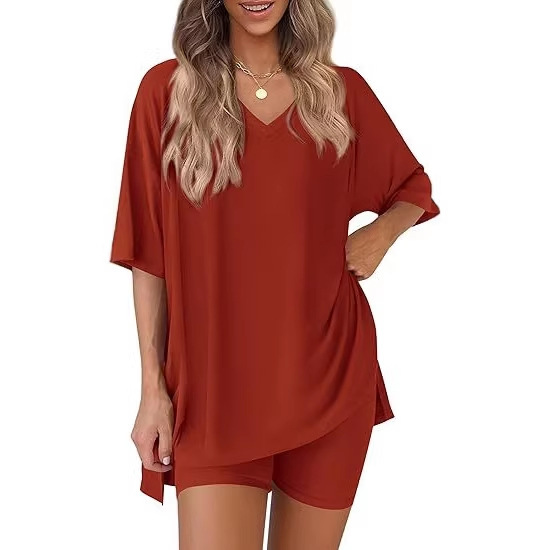Comfortable And Stylish Womens Casual V-neck Loose-fit T-shirt And Elastic-waist Shorts Set For Home Wear