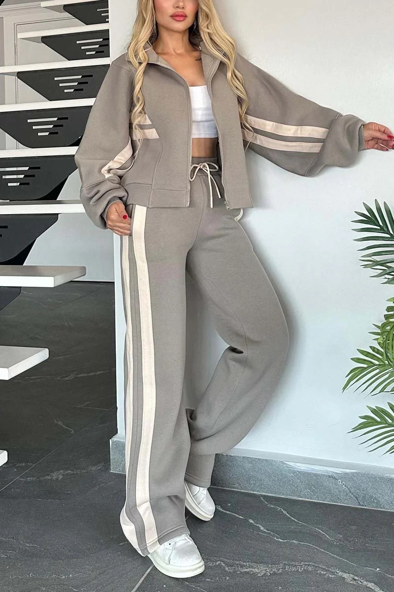 European And American Cross-Border Amazon Autumn Striped Zip-Up Jacket Casual Sports Suit For Women