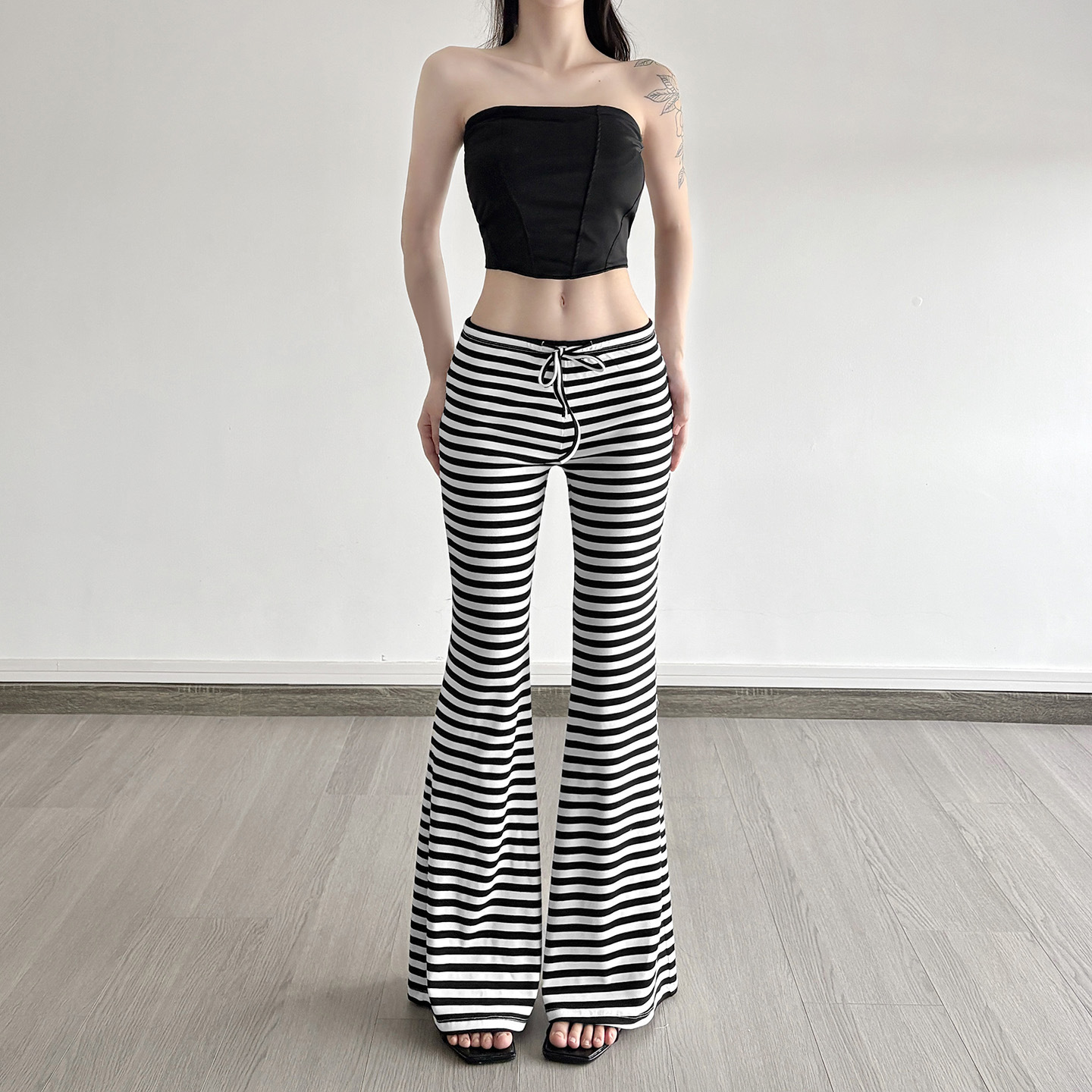 American-style Retro Color-block Striped Tie-detail Boot-cut Lounge Pants