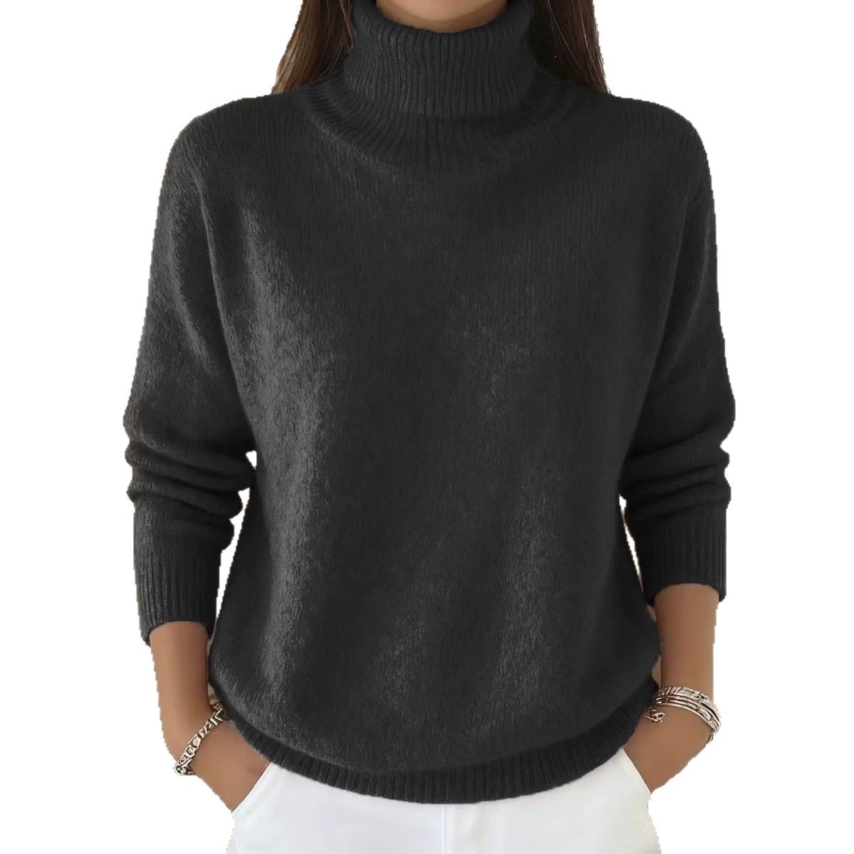 Fashion Ladies Solid Color Casual Knitted Turtleneck Pullover