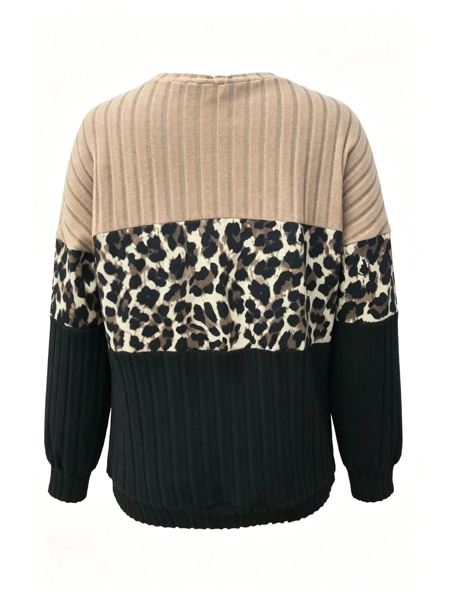 Autumn New Arrival Cross-Border Trade European And American Women's Clothing - Leopard Print Vertical Stripe Textured Round Neck Loose Casual Long Sleeve Sweatshirt
