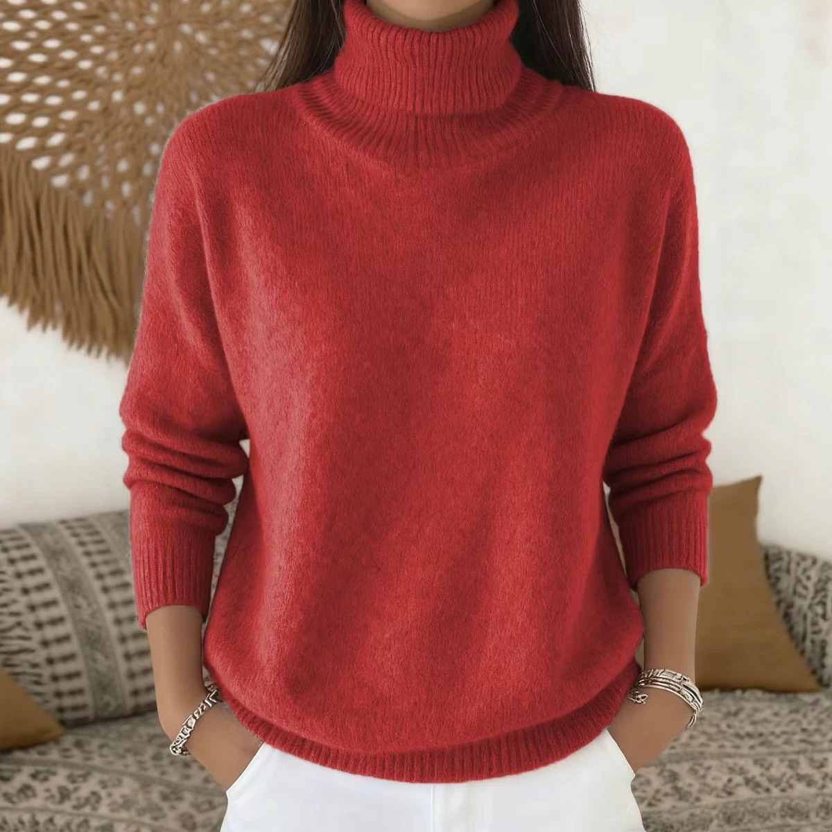 Fashion Ladies Solid Color Casual Knitted Turtleneck Pullover