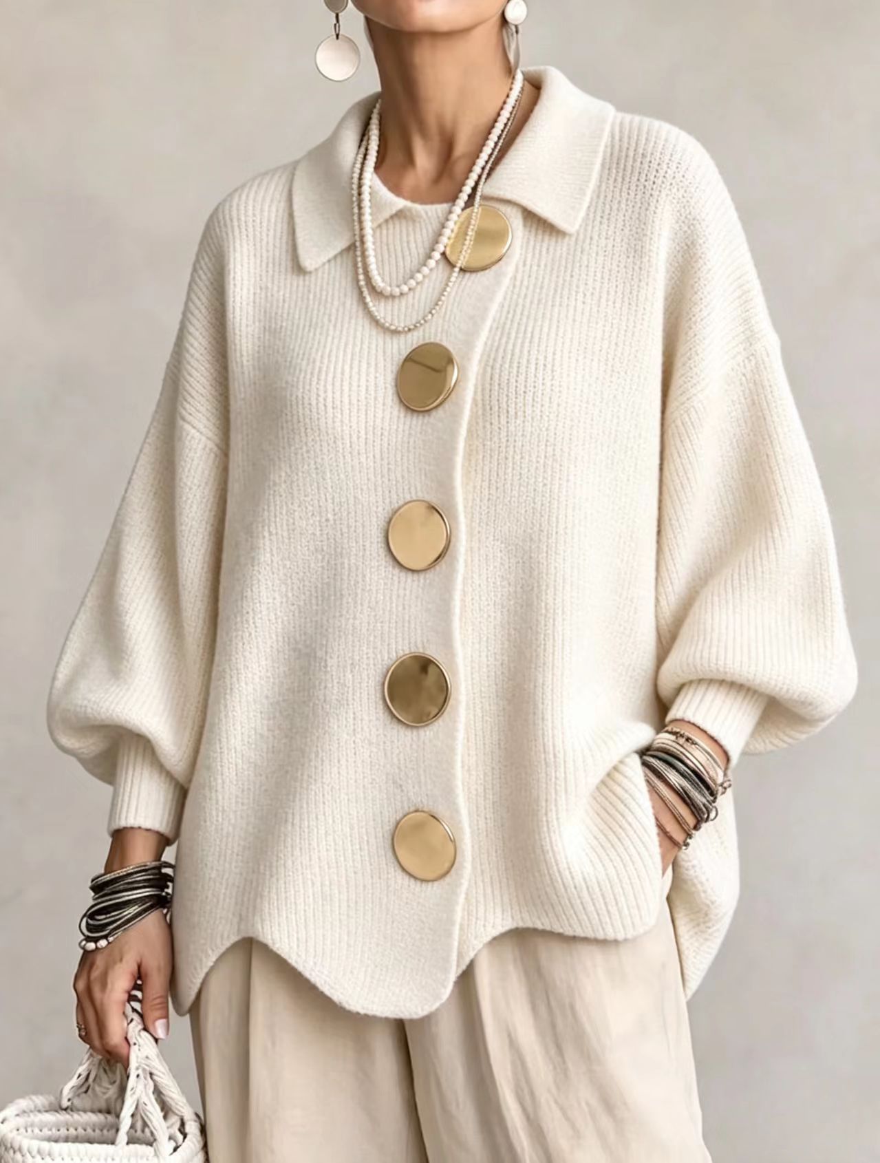 Button-down Cardigan Women's Fall Winter Lapel Button Knitted Jacket Long Sleeve Loose Fit Sweater Outerwear