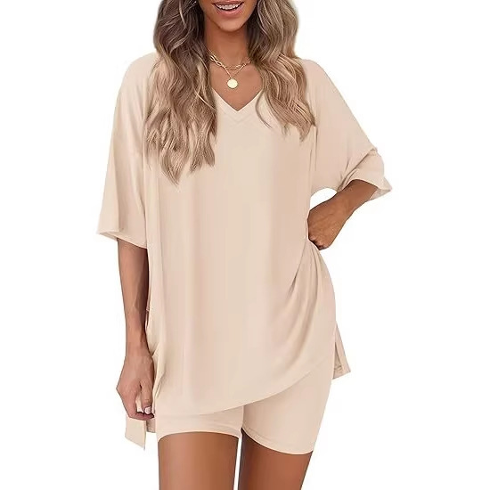 Comfortable And Stylish Womens Casual V-neck Loose-fit T-shirt And Elastic-waist Shorts Set For Home Wear