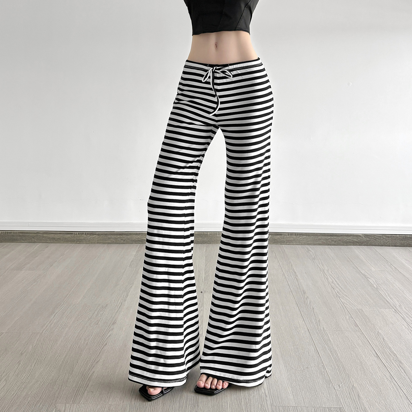 American-style Retro Color-block Striped Tie-detail Boot-cut Lounge Pants