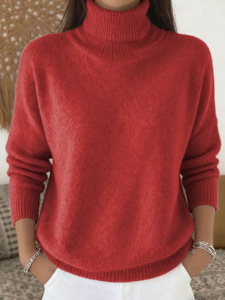 Fashion Ladies Solid Color Casual Knitted Turtleneck Pullover