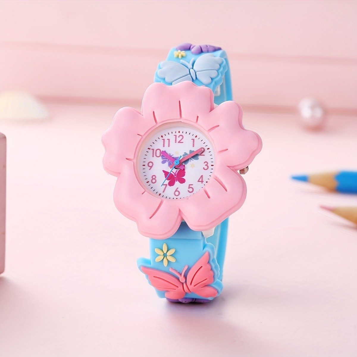 Student Girl Children Cartoon Color Cute Flowers Pattern Silicone Quartz Watch