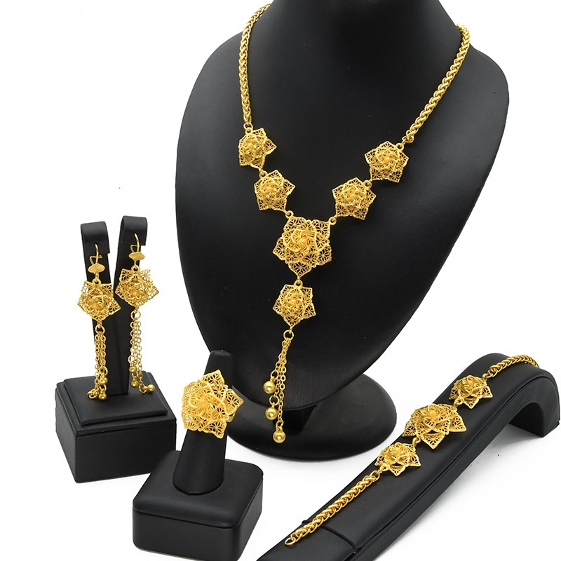 Lady's Flower Necklace Earring Ring Bracelet Copper-plated Gold Jewelry Suit