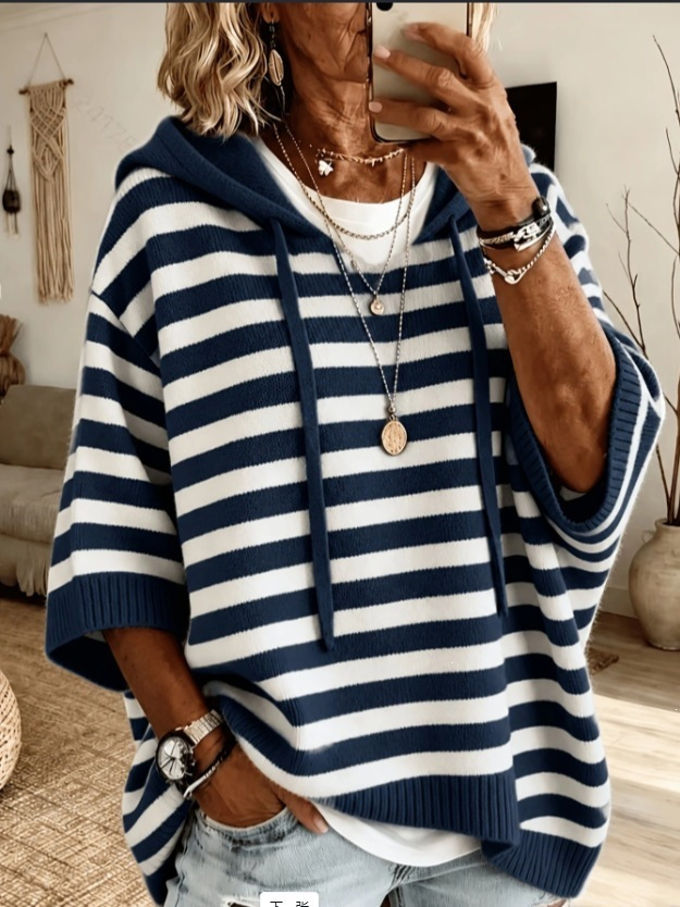 Women's Striped Hooded Knit Pullover - Loose Plus Size 3-4 Sleeve Drawstring Casual Outer Top