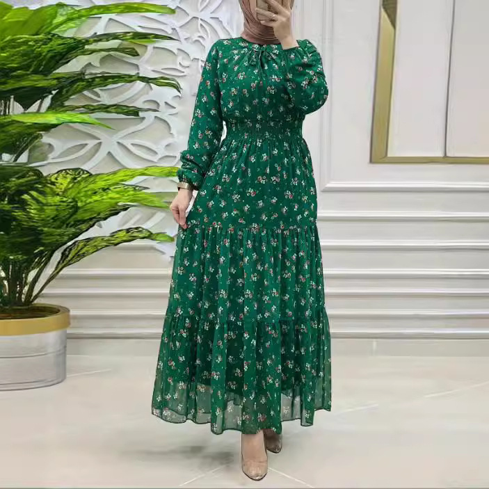 Women's Middle East Muslim Chiffon Flower Smocking Long Fashion Elegant Dress