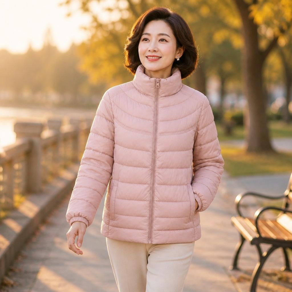 Womens Fallwinter Stand-collar Lightweight Cotton Jacket Short-length Curved-quilted Design Ultra-light And Easy To Wear