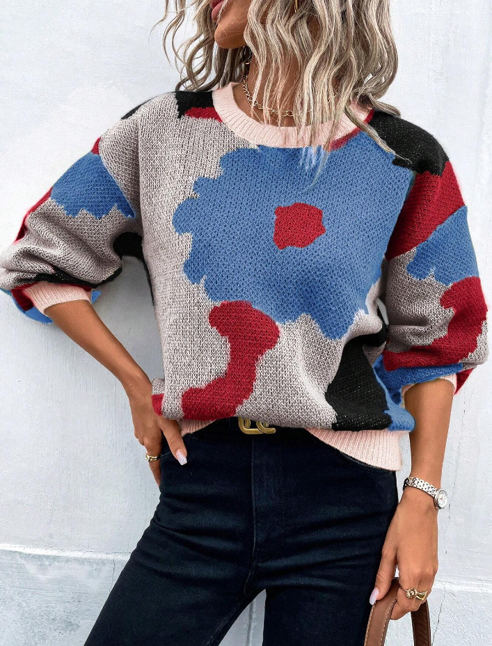 Cross-border European and American Autumn and Winter Round-neck Long-sleeve Knitted Top, Versatile Jacquard Casual Pullover Sweater For Women