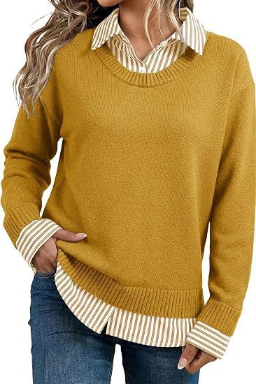 Look Striped Patchwork Sweater For Women, Loose Pullover Knit Top, European And American Style Long Sleeve Shirt