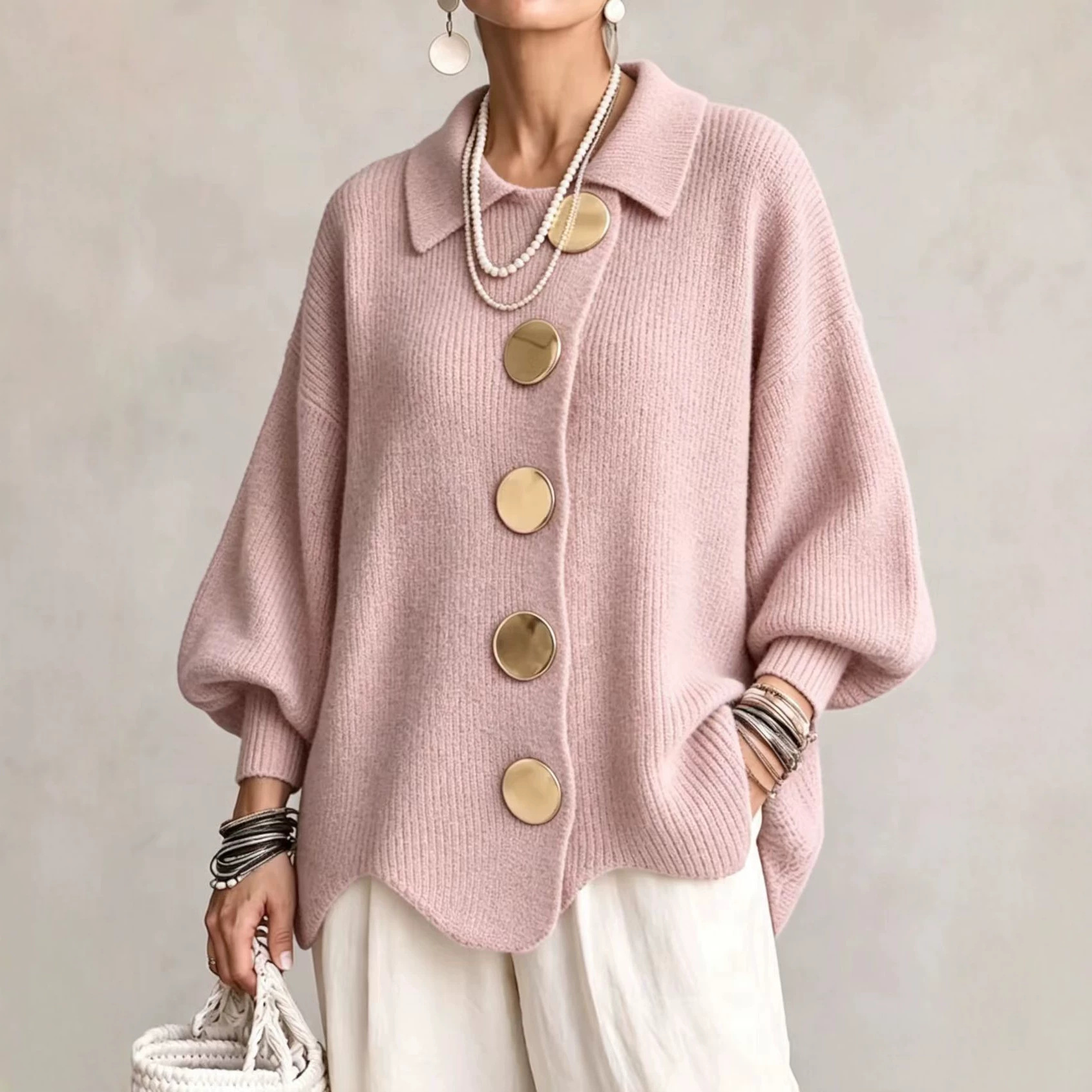 Button-down Cardigan Women's Fall Winter Lapel Button Knitted Jacket Long Sleeve Loose Fit Sweater Outerwear