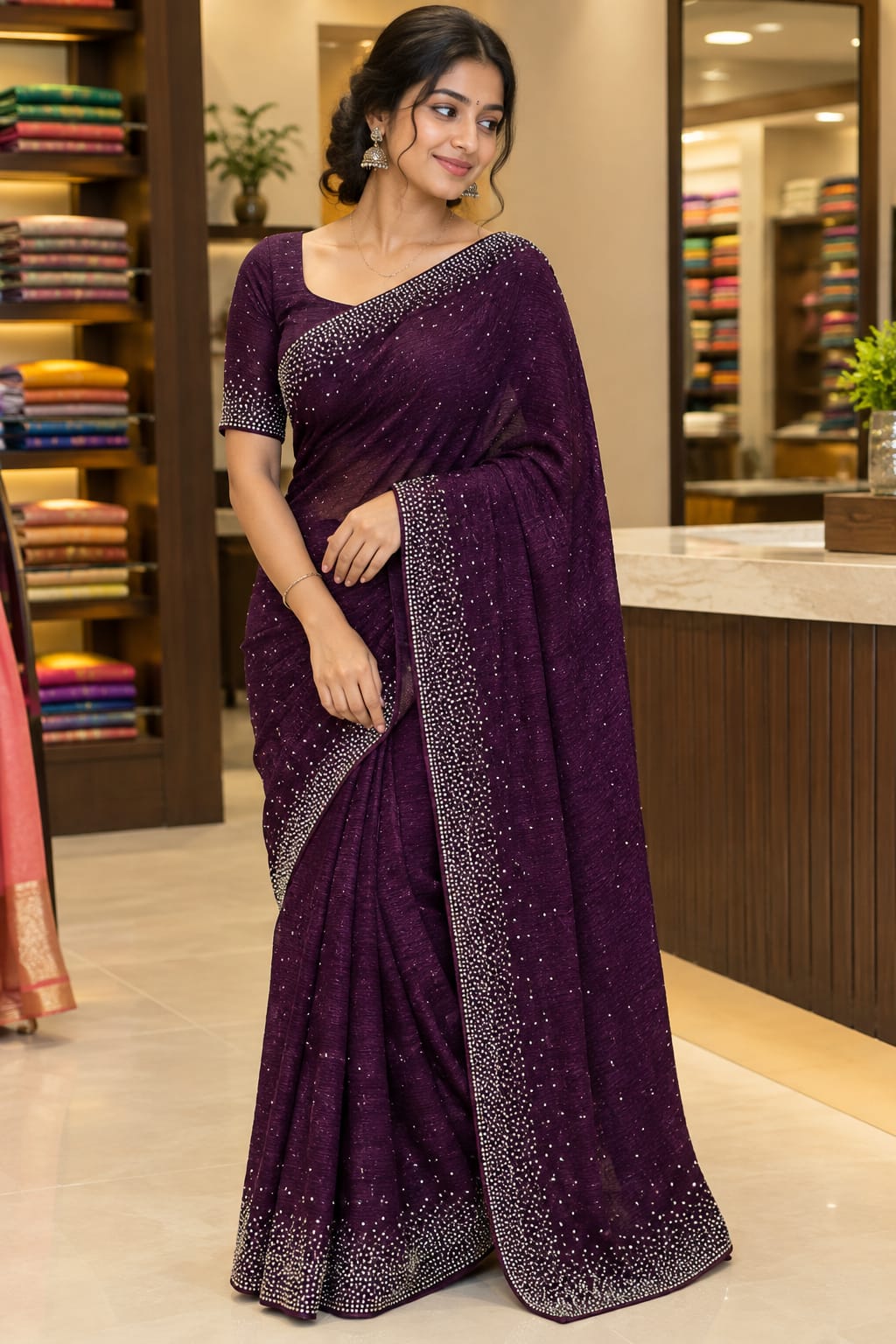 Fancy Stone Work Space Silk Sarees